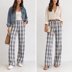 Veronica Beard Navy and Ivory Plaid Wide-Leg Pants